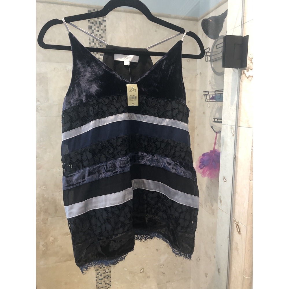 LOFT Women Velvet Lace Shell Tank Top SP Small Petite Black Navy Blue X Back